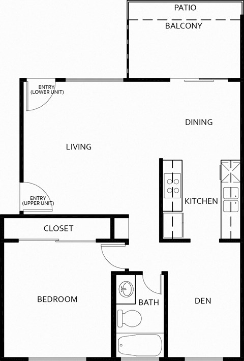 Floor plan for 1 bed, 1 bath, 750 sqft